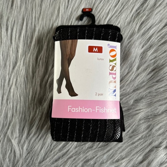Joyspun Black Tights Womens Side Medium 2 Pair Fishnet & Opaque‎ - Picture 1 of 6